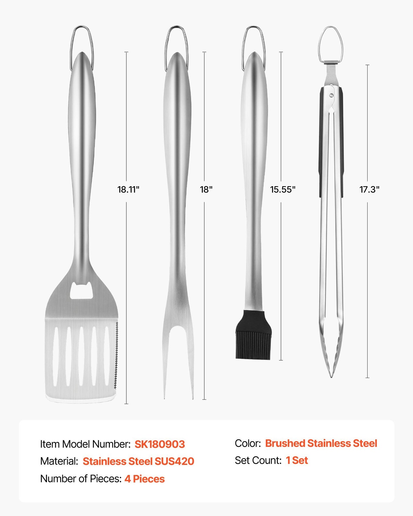 4-pcs Stainless Steel Barbecue Utensil Tool Set