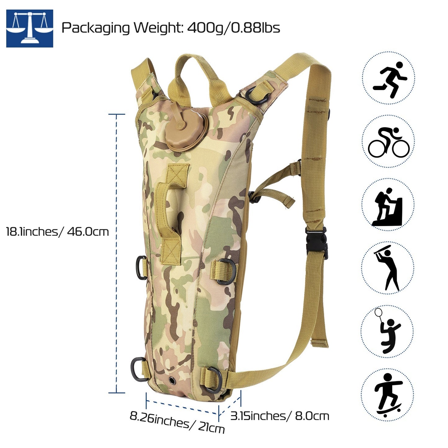 1Pc 3L Tactical Hydration Pack Water Bladder Adjustable Water Drink Backpack For Hiking, Cycling, Climbing, Running