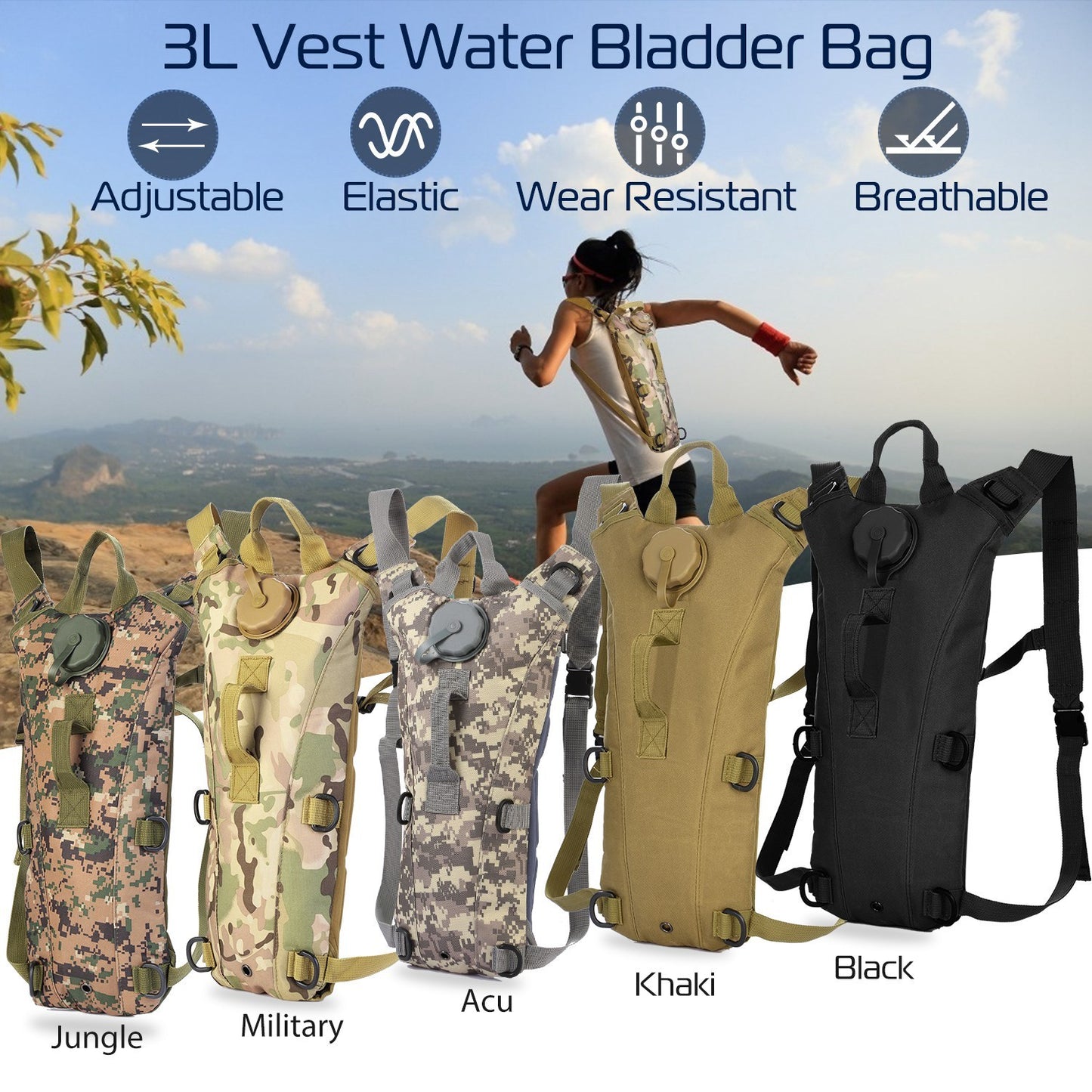 1Pc 3L Tactical Hydration Pack Water Bladder Adjustable Water Drink Backpack For Hiking, Cycling, Climbing, Running